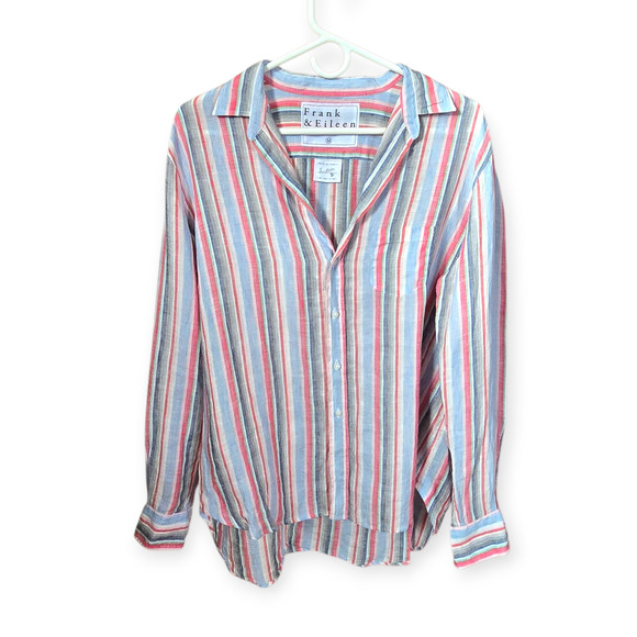 Frank & Eileen Multi Stripe Green White Pink Blue Eileen Linen Shirt Size Medium - Picture 2 of 6
